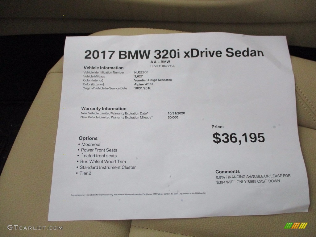 2017 3 Series 320i xDrive Sedan - Alpine White / Venetian Beige/Black photo #11