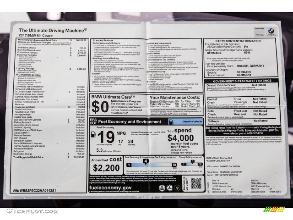 2017 BMW M4 Coupe Window Sticker Photos