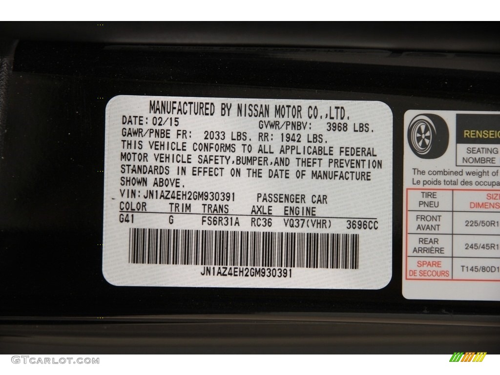 2016 Nissan 370Z Touring Coupe Color Code Photos