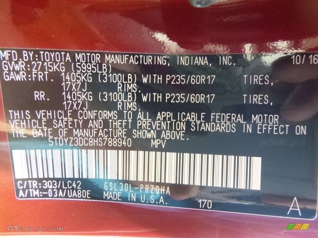 2017 Toyota Sienna XLE Color Code Photos