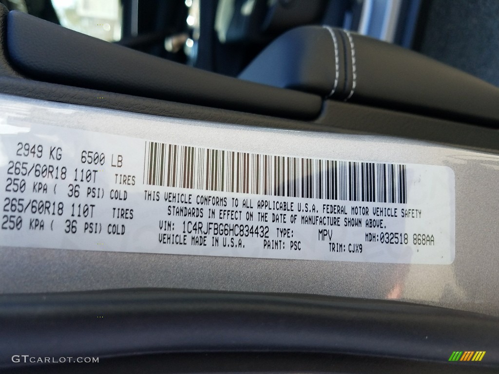 2017 Grand Cherokee Color Code PSC for Billet Silver Metallic Photo #119793851