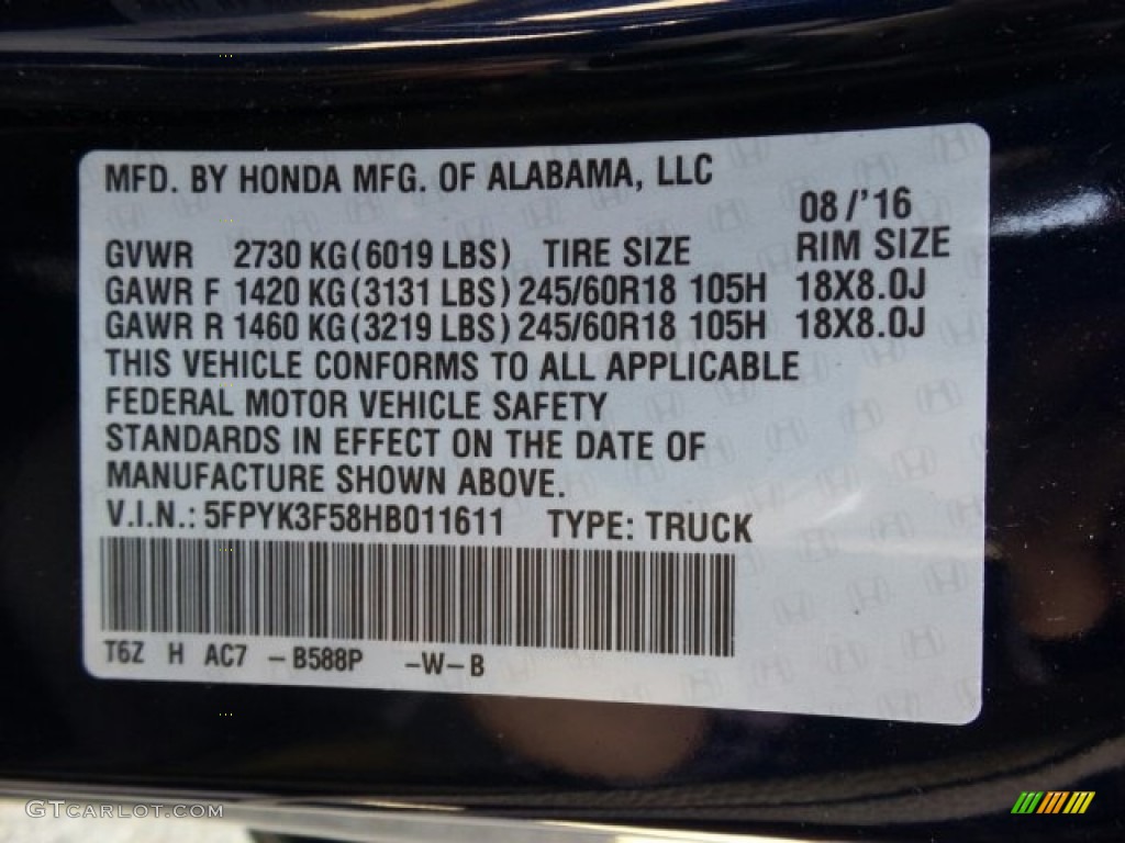 2017 Ridgeline Color Code B588P for Obsidian Blue Pearl Photo #119796482