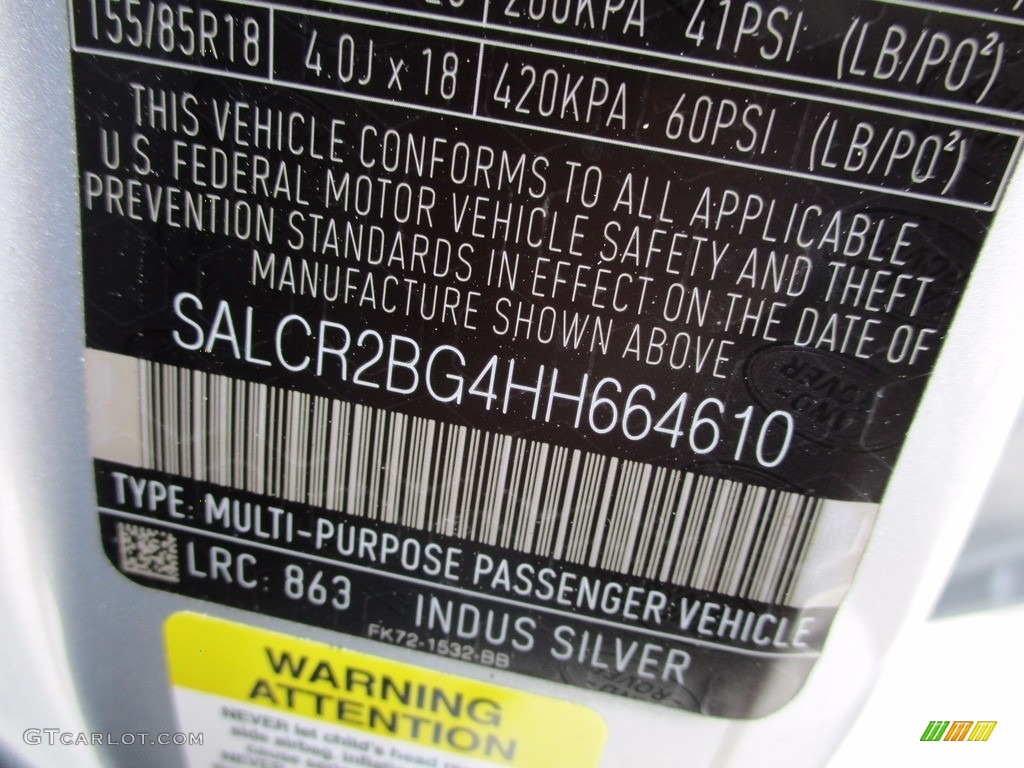 2017 Discovery Sport Color Code 863 for Indus Silver Metallic Photo #119801657