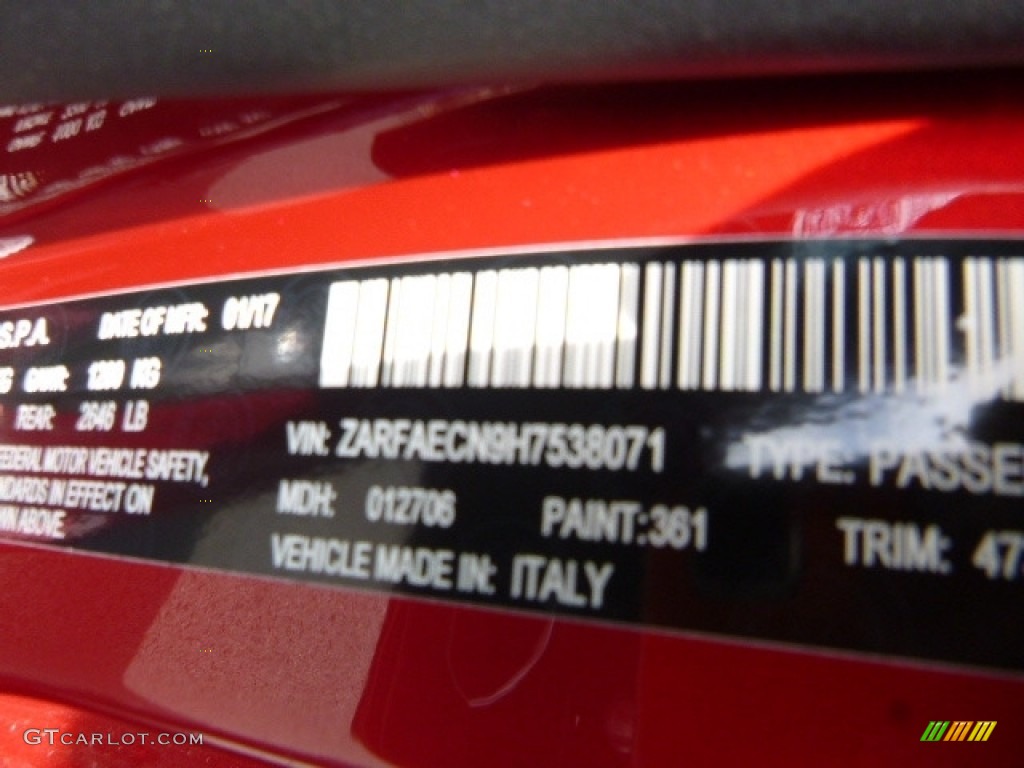 2017 Giulia Color Code 361 for Rosso (Red) Competizione Tri-Coat Photo #119803583