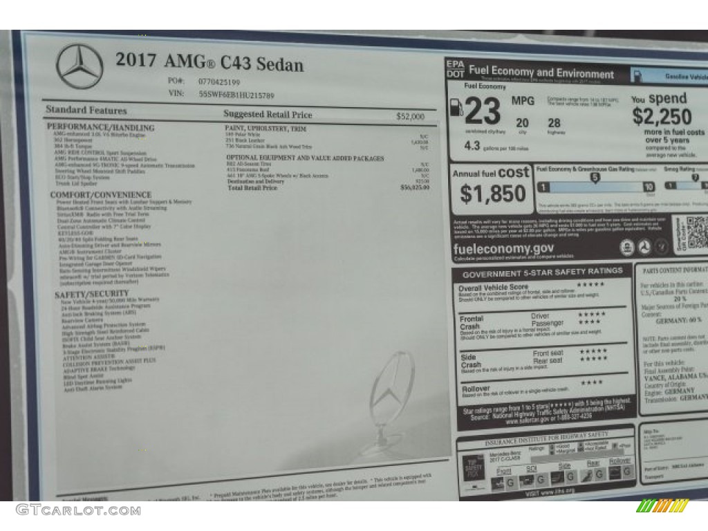 2017 Mercedes-Benz C 43 AMG 4Matic Sedan Window Sticker Photo #119813450