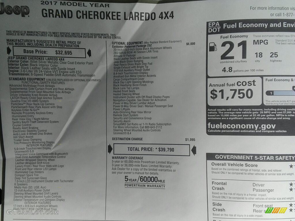 2017 Grand Cherokee Laredo 4x4 - Billet Silver Metallic / Black photo #27