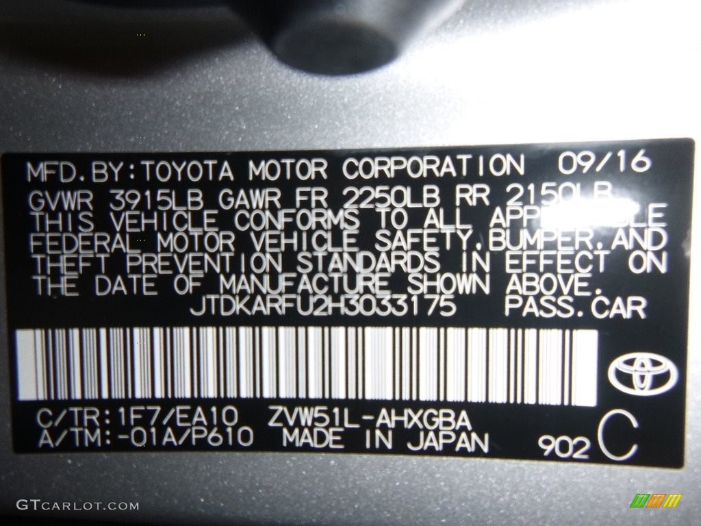 2017 Prius Color Code 1F7 for Classic Silver Metallic Photo #119862817