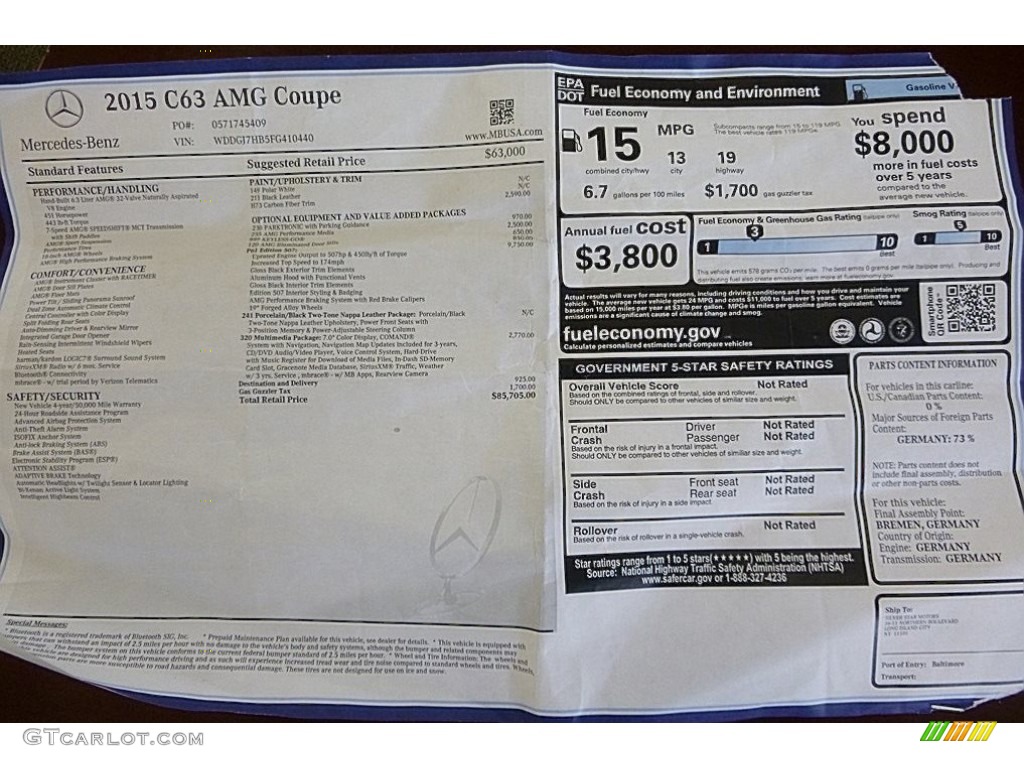 2015 Mercedes-Benz C 63 AMG Coupe Window Sticker Photo #119866687