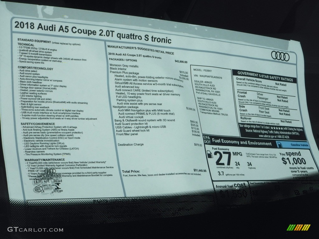 2018 Audi A5 Premium Plus quattro Coupe Window Sticker Photo #119872319