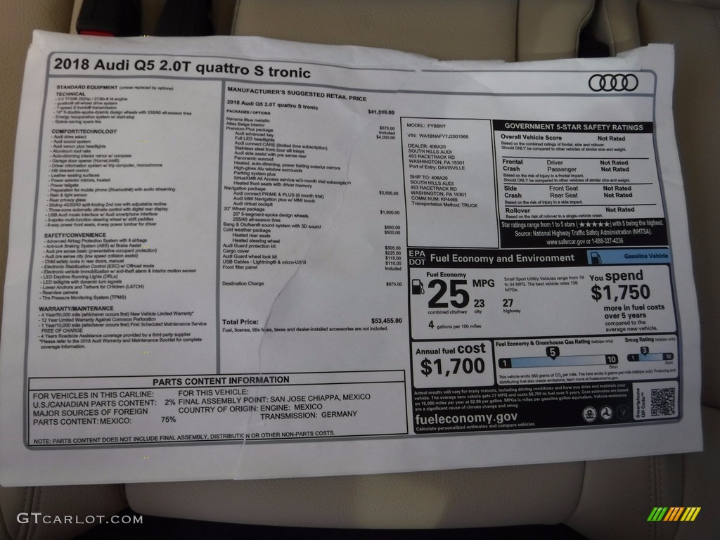 2018 Audi Q5 2.0 TFSI Premium Plus quattro Window Sticker Photo #119873192
