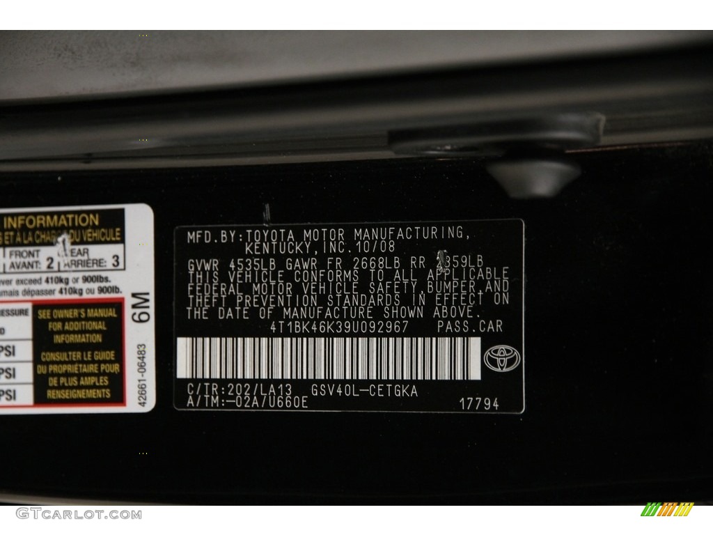 2009 Toyota Camry XLE V6 Color Code Photos