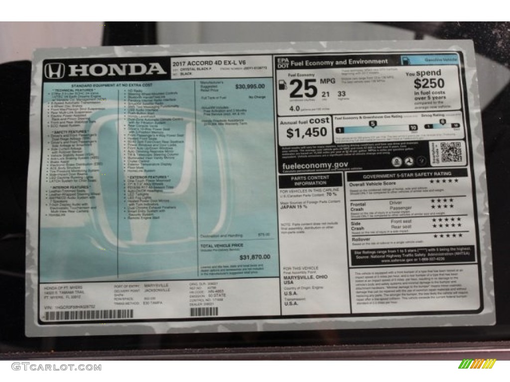 2017 Accord EX-L V6 Sedan - Crystal Black Pearl / Black photo #32