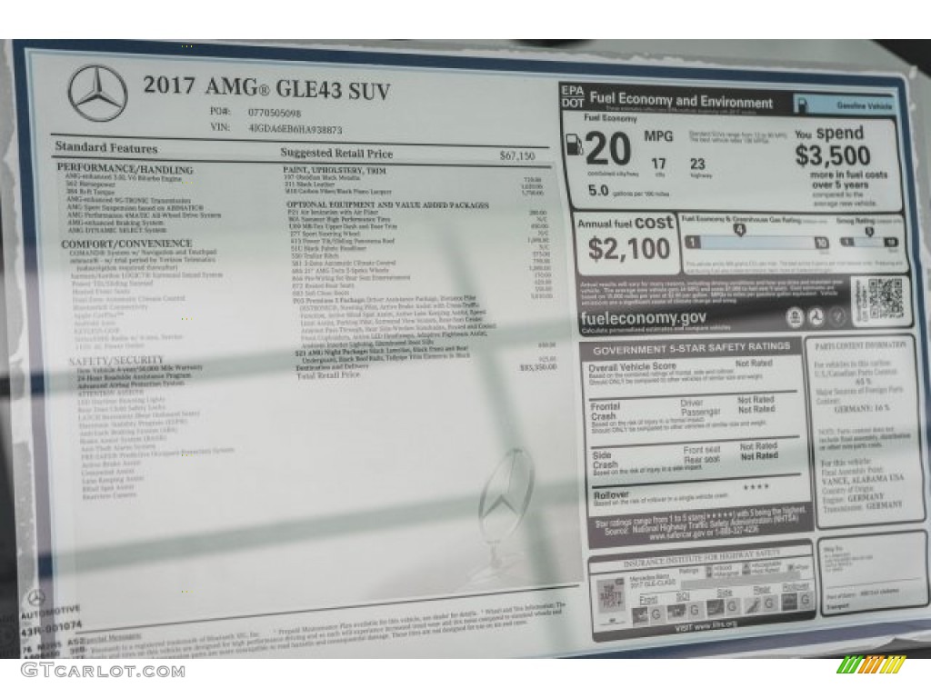 2017 Mercedes-Benz GLE 43 AMG 4Matic Window Sticker Photo #119893279