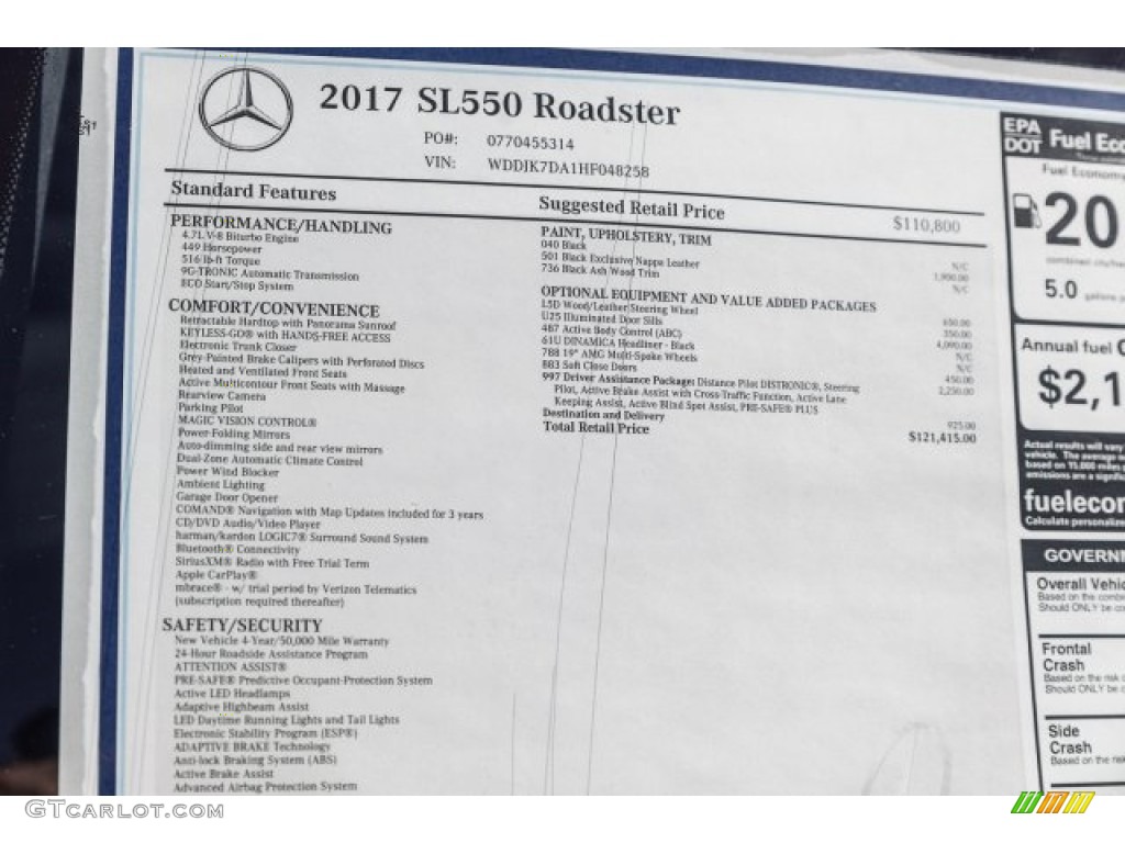 2017 Mercedes-Benz SL 550 Roadster Window Sticker Photo #119912843