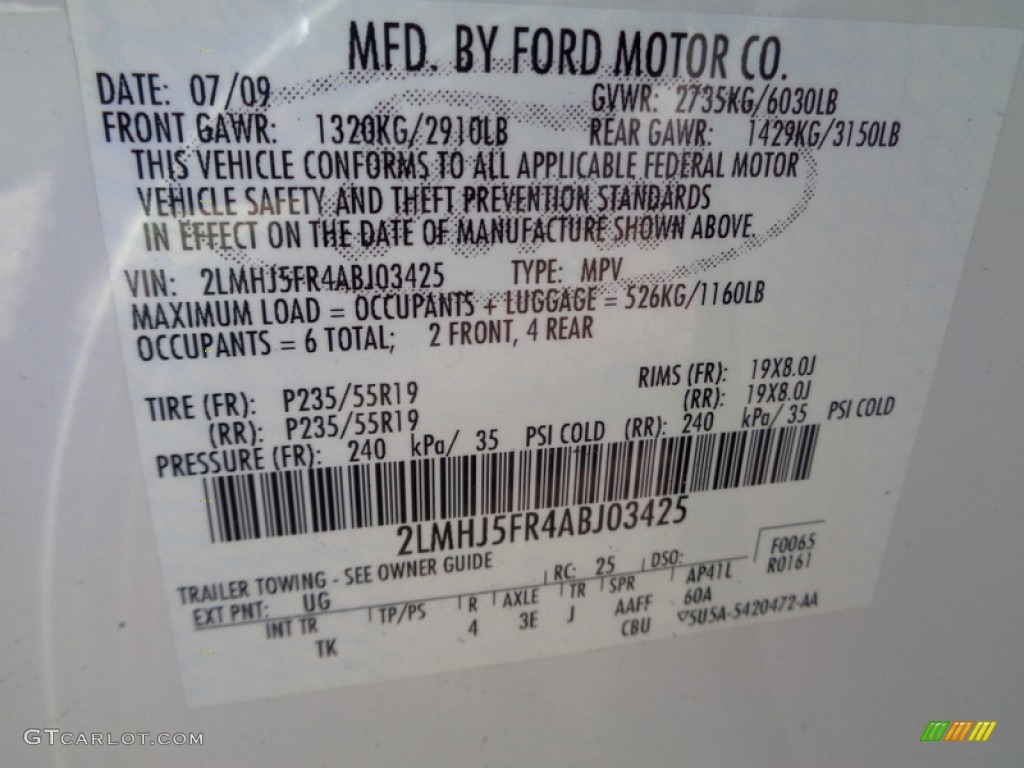 2010 Lincoln MKT FWD Color Code Photos