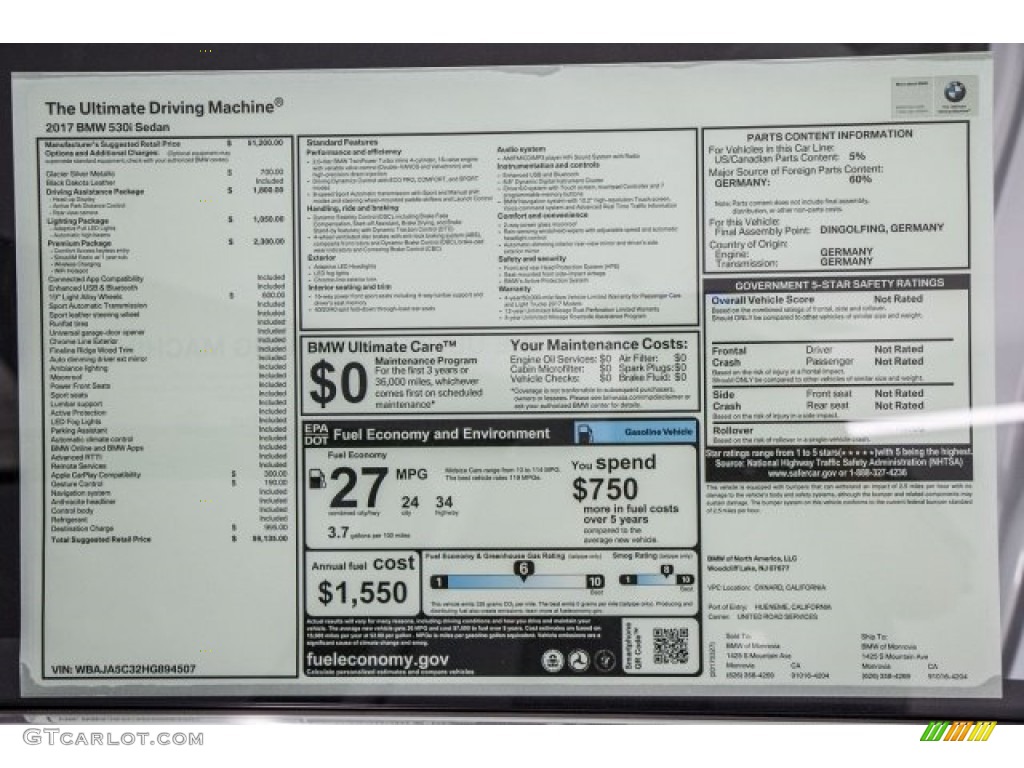 2017 5 Series 530i Sedan - Glacier Silver Metallic / Black photo #10