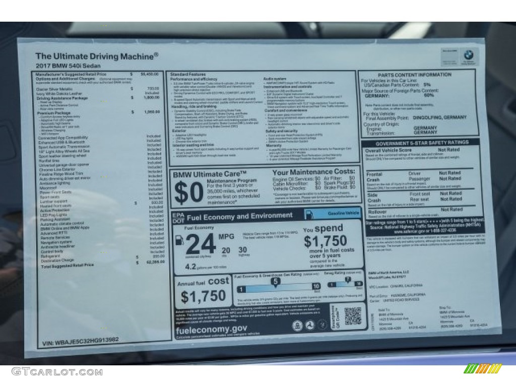 2017 BMW 5 Series 540i Sedan Window Sticker Photo #119924408