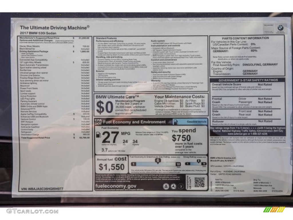 2017 5 Series 530i Sedan - Glacier Silver Metallic / Black photo #10