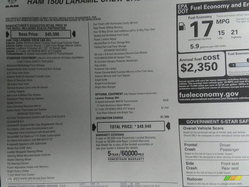 2017 Ram 1500 Laramie Crew Cab 4x4 Window Sticker Photo #119981005