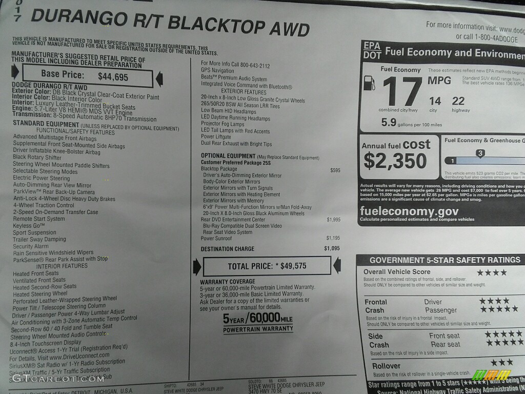 2017 Dodge Durango R/T AWD Window Sticker Photo #119982775