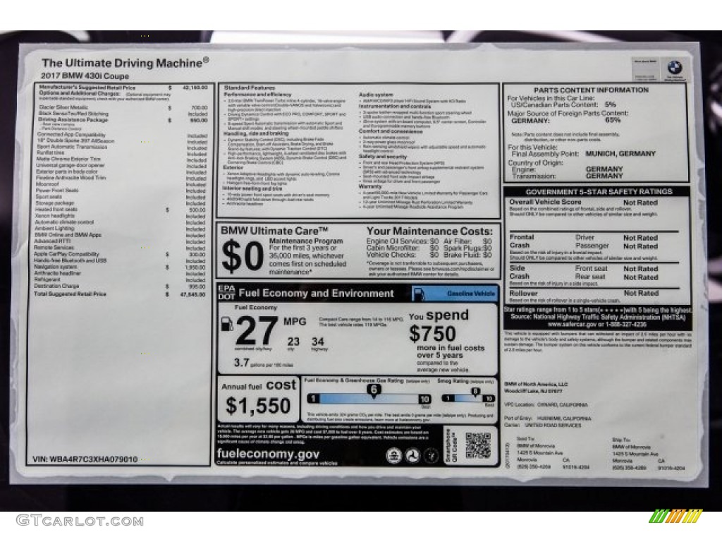 2017 BMW 4 Series 430i Coupe Window Sticker Photo #119990802