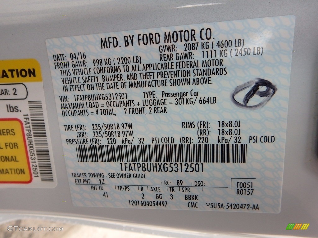 2016 Mustang Color Code YZ for Oxford White Photo #120005993