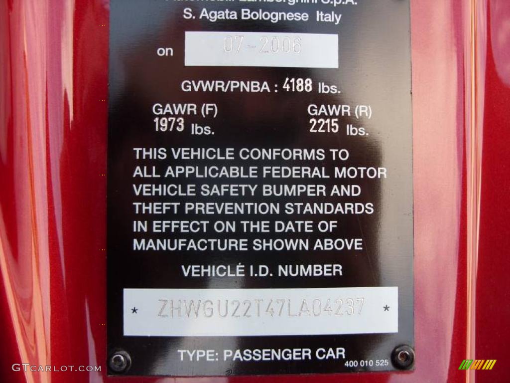 2007 Lamborghini Gallardo Spyder Info Tag Photo #12000636