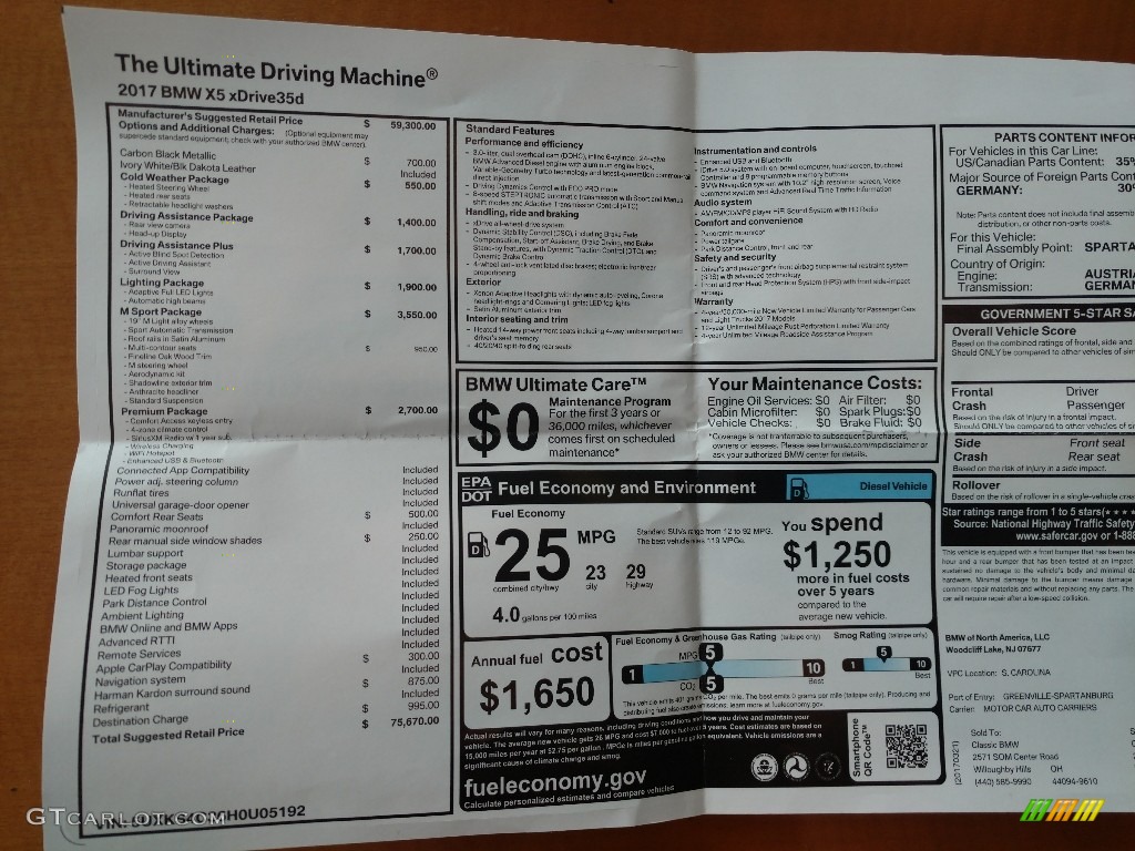 2017 BMW X5 xDrive35d Window Sticker Photo #120012206