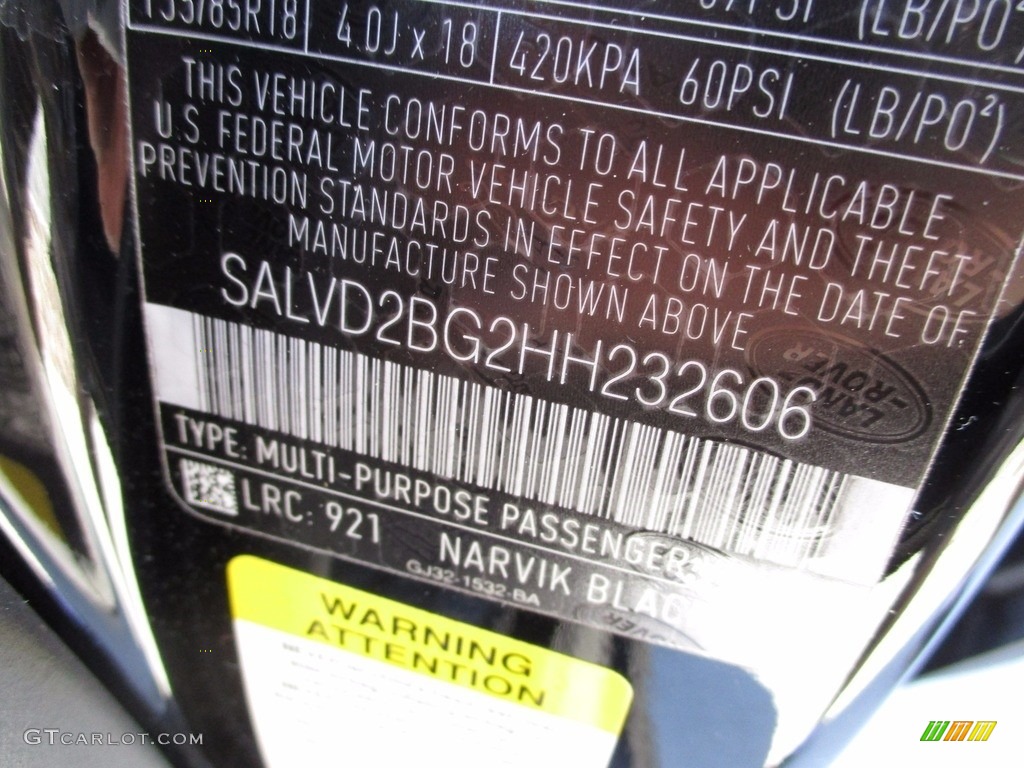 2017 Range Rover Evoque Color Code 921 for Narvik Black Photo #120023493