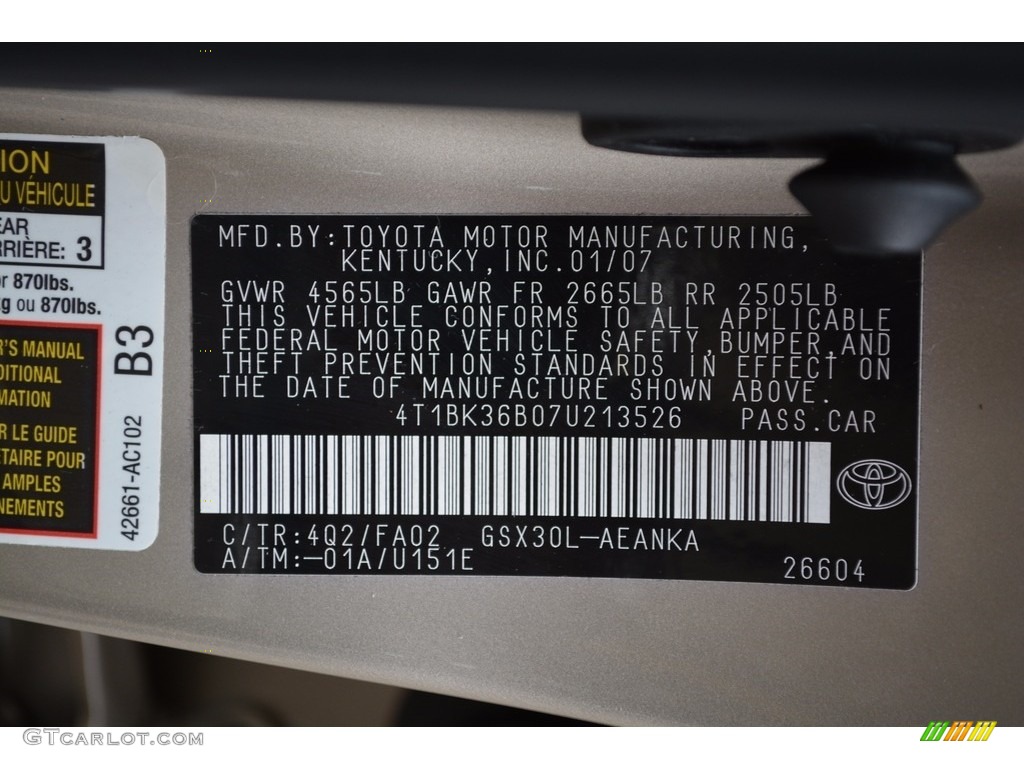 2007 Toyota Avalon XL Color Code Photos