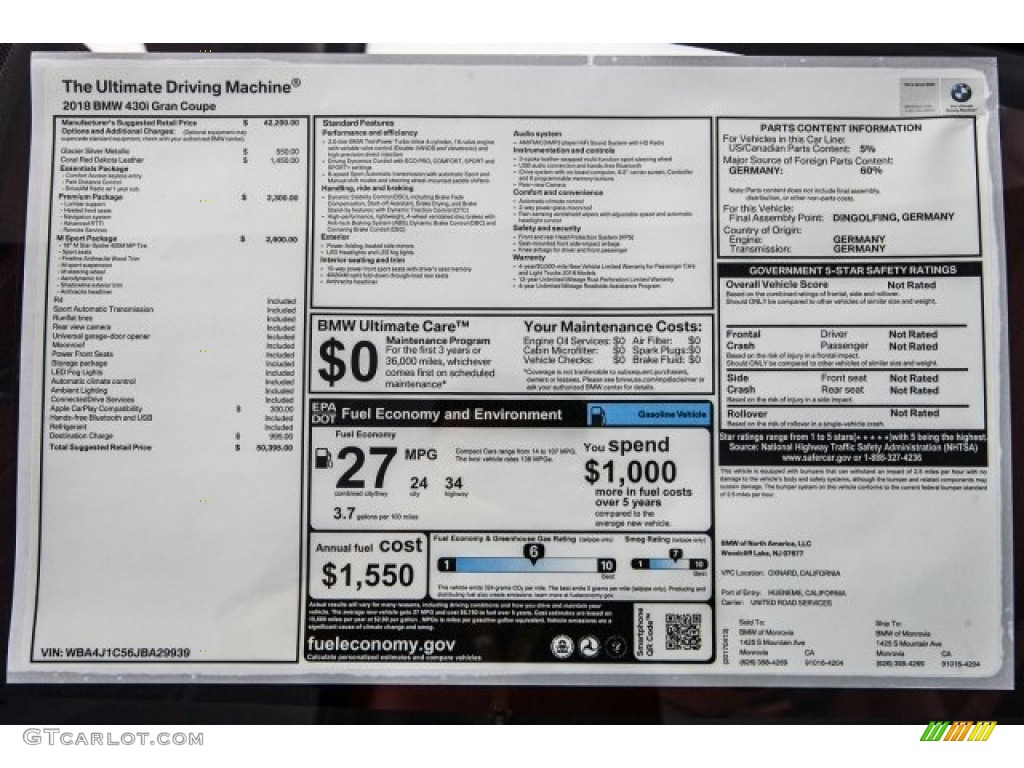 2018 BMW 4 Series 430i Gran Coupe Window Sticker Photo #120031269