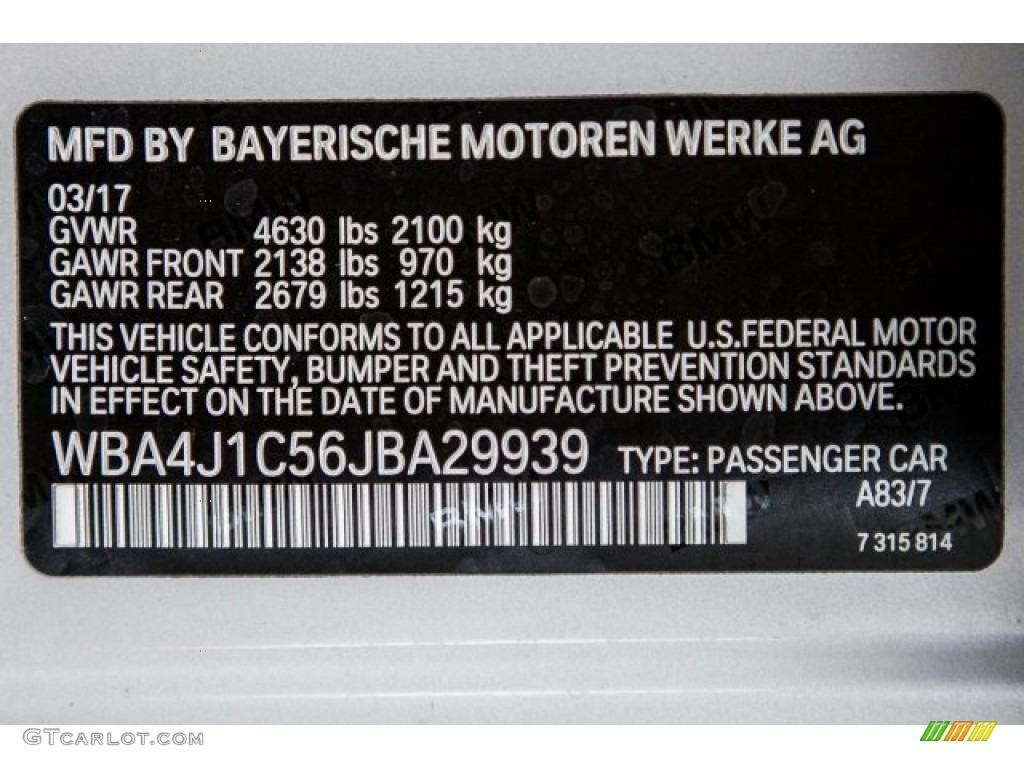 2018 4 Series Color Code A83 for Glacier Silver Metallic Photo #120031290