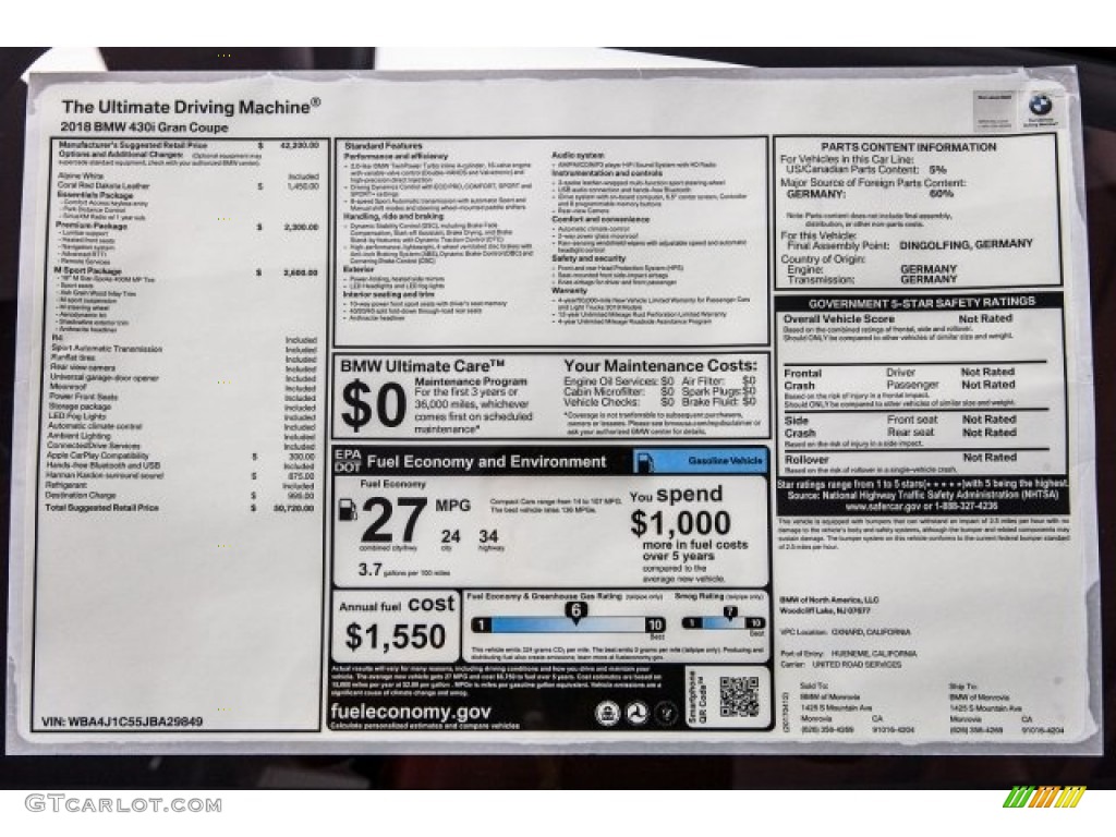 2018 BMW 4 Series 430i Gran Coupe Window Sticker Photo #120031532