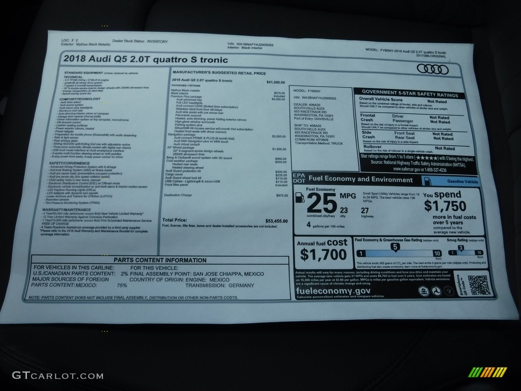 2018 Audi Q5 2.0 TFSI Premium Plus quattro Window Sticker Photo #120043023