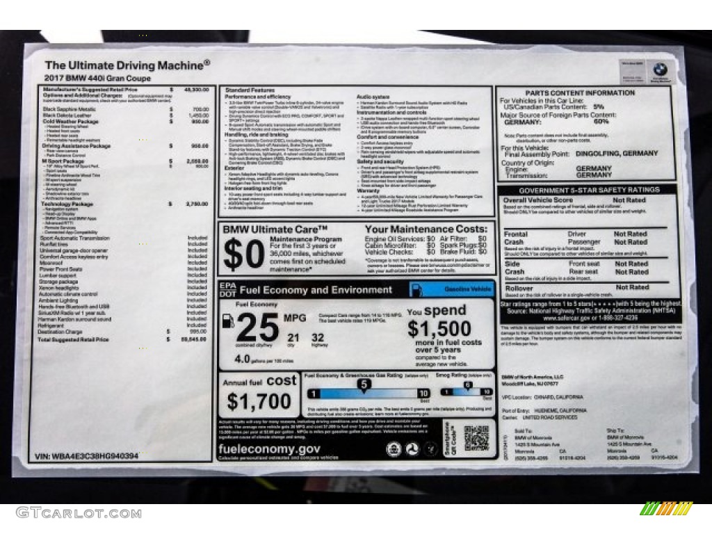 2017 BMW 4 Series 440i Gran Coupe Window Sticker Photo #120061200