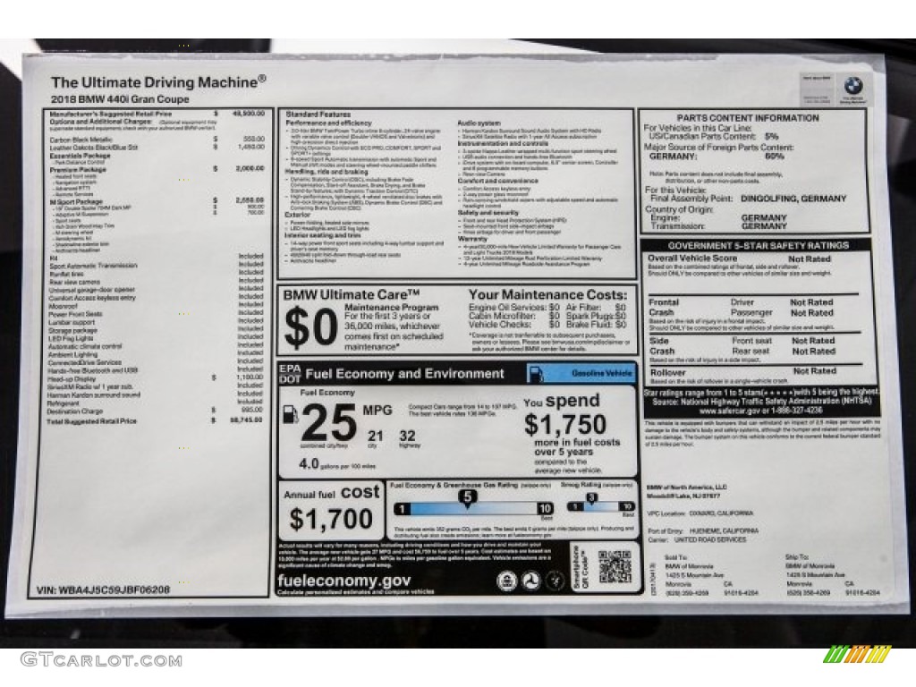 2018 BMW 4 Series 440i Gran Coupe Window Sticker Photo #120064252