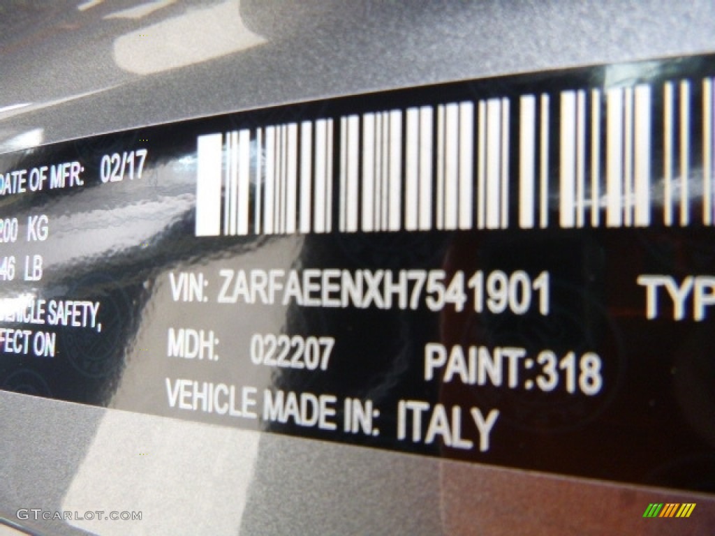 2017 Giulia Color Code 318 for Stromboli Gray Metallic Photo #120071494