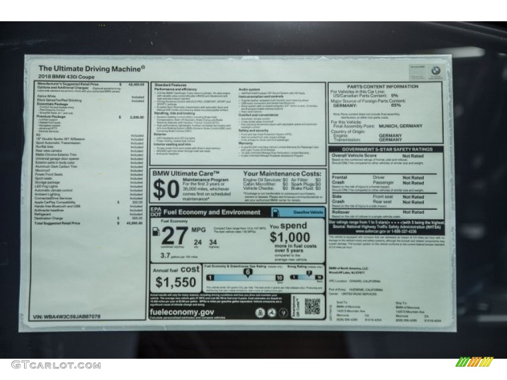 2018 BMW 4 Series 430i Coupe Window Sticker Photo #120098911