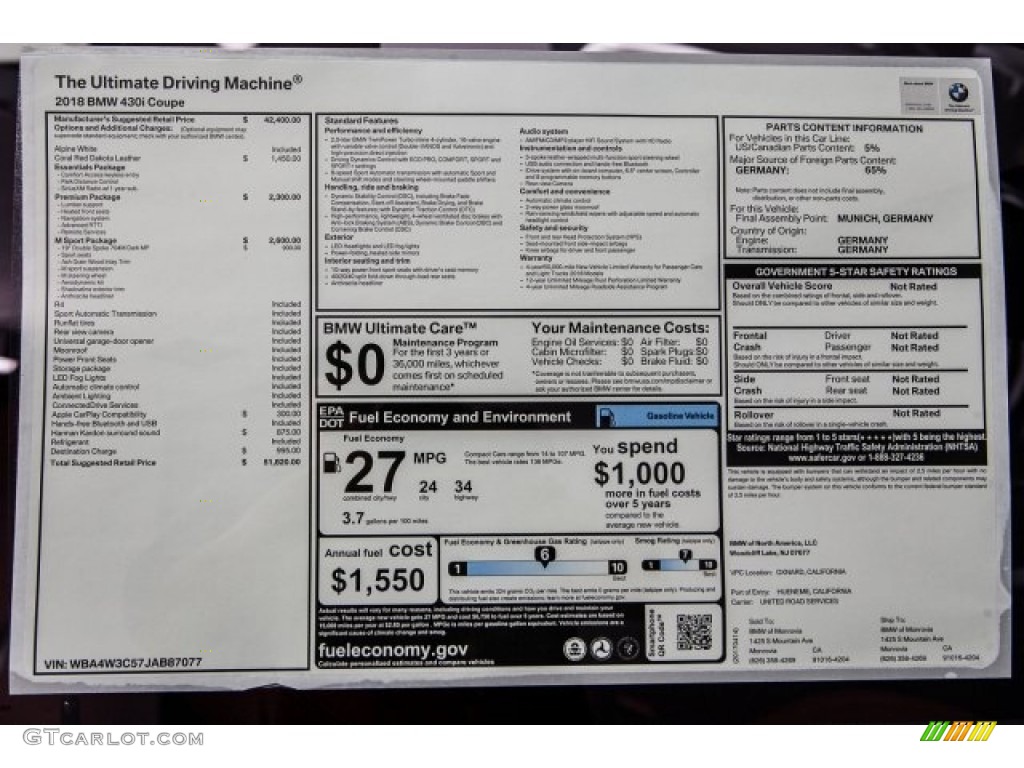 2018 BMW 4 Series 430i Coupe Window Sticker Photo #120099117