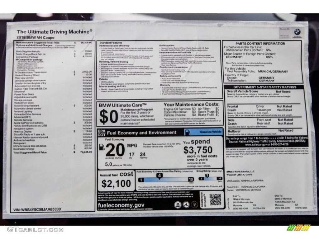 2018 BMW M4 Coupe Window Sticker Photo #120099351