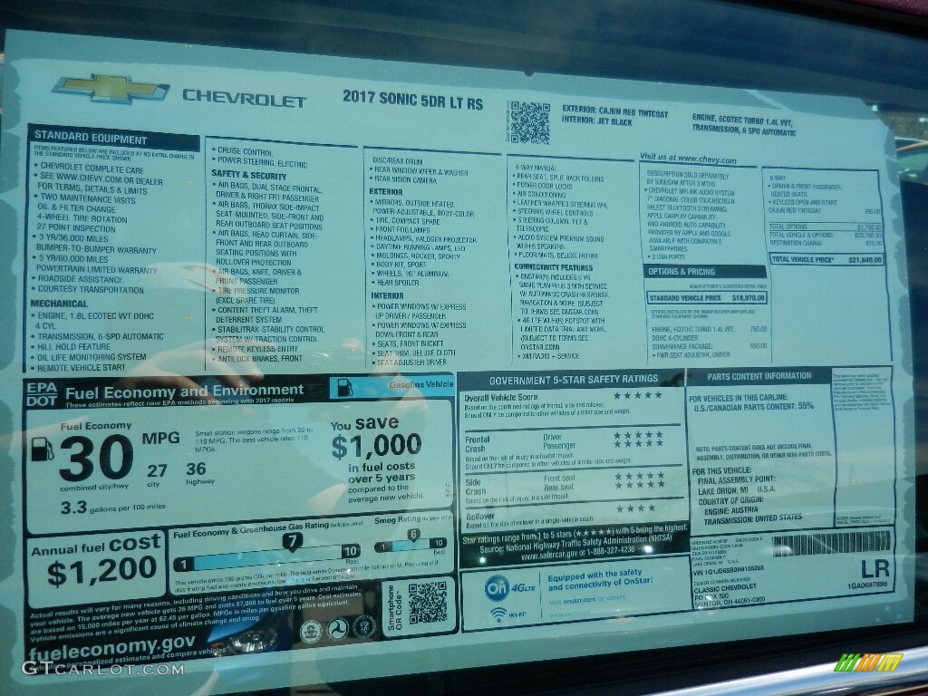 2017 Chevrolet Sonic LT Hatchback Window Sticker Photo #120107118