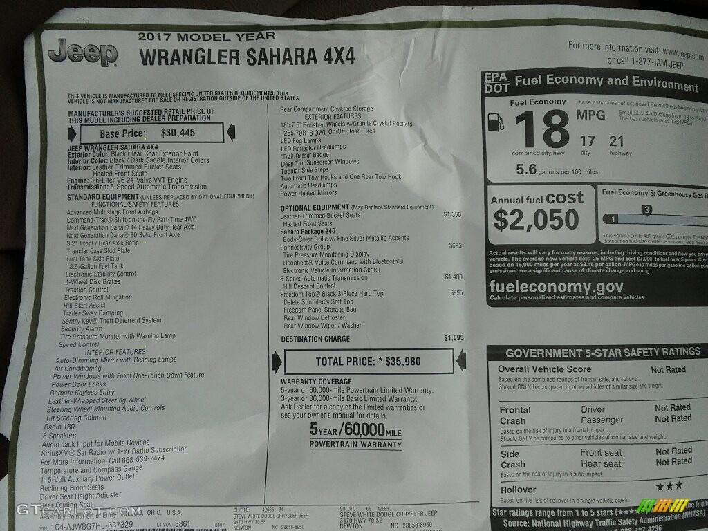 2017 Wrangler Sahara 4x4 - Black / Black/Dark Saddle photo #27