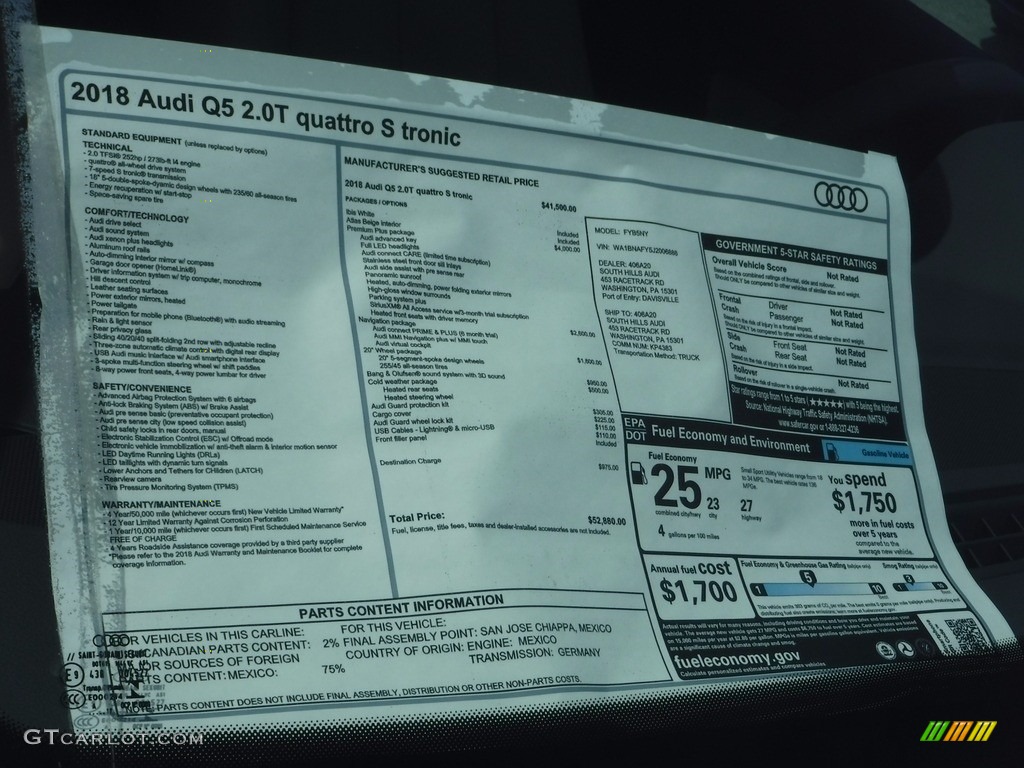 2018 Audi Q5 2.0 TFSI Premium Plus quattro Window Sticker Photo #120141764