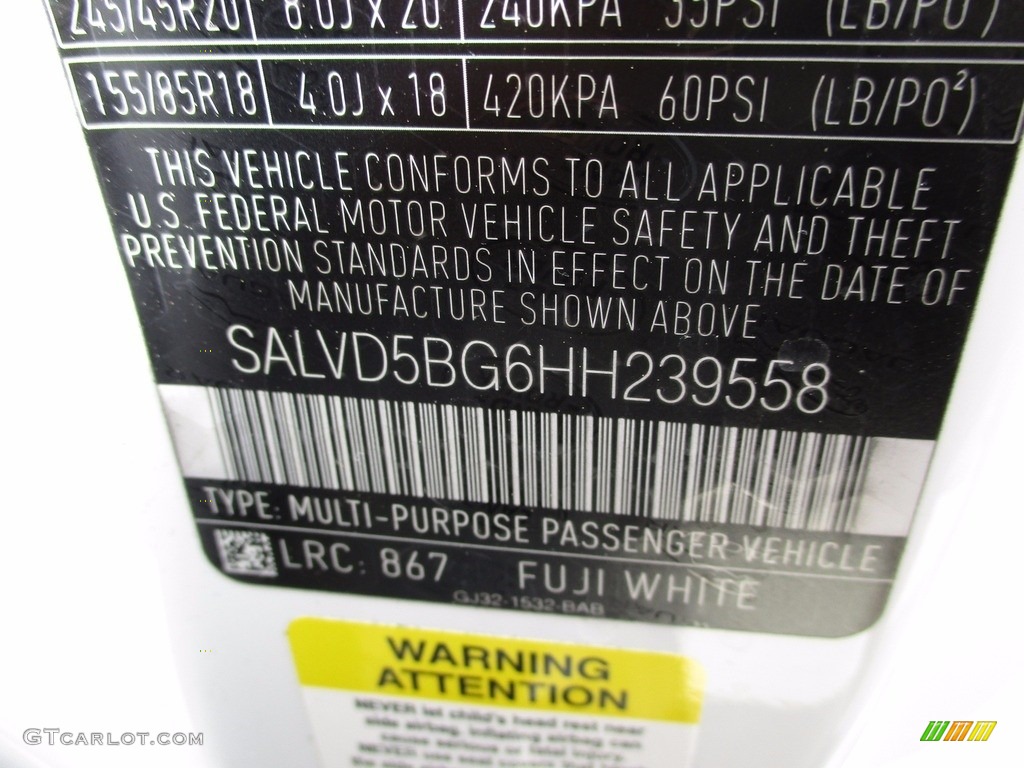 2017 Range Rover Evoque Color Code 867 for Fuji White Photo #120159245