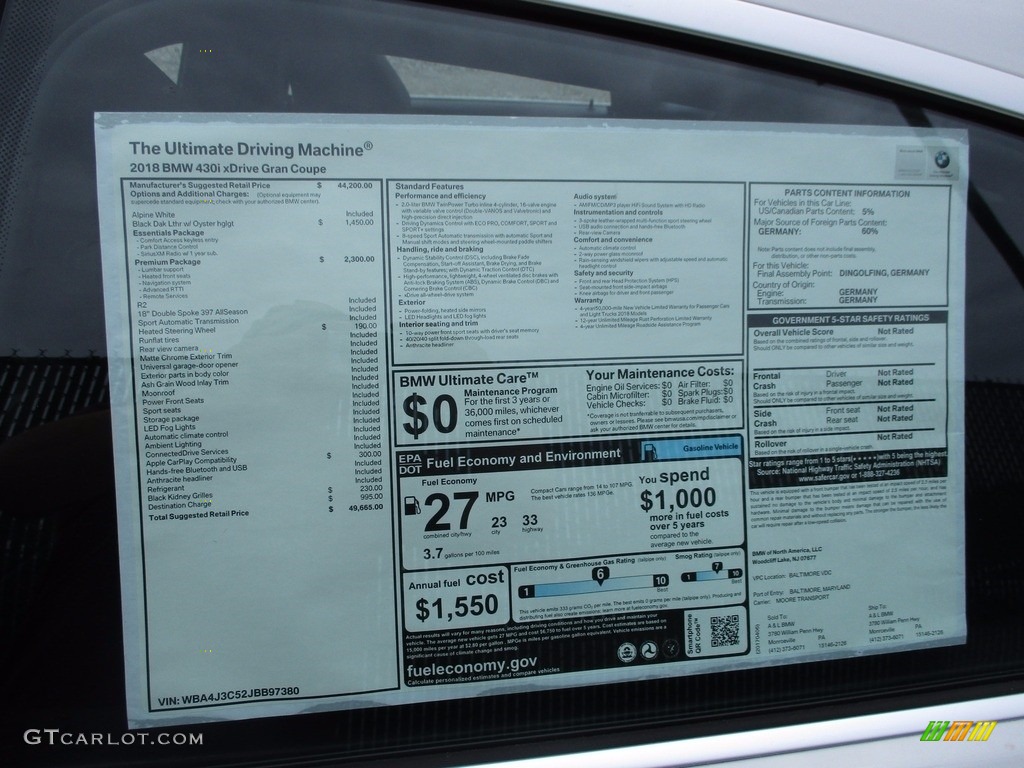 2018 BMW 4 Series 430i xDrive Gran Coupe Window Sticker Photo #120160082