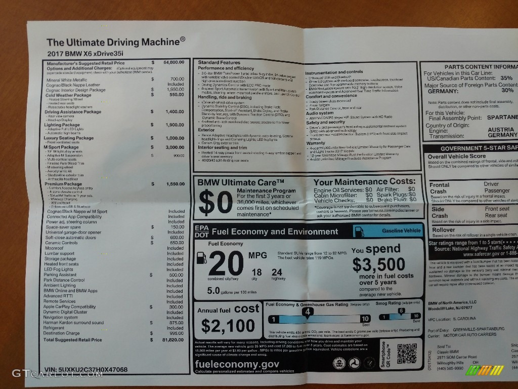 2017 BMW X6 xDrive35i Window Sticker Photo #120162878