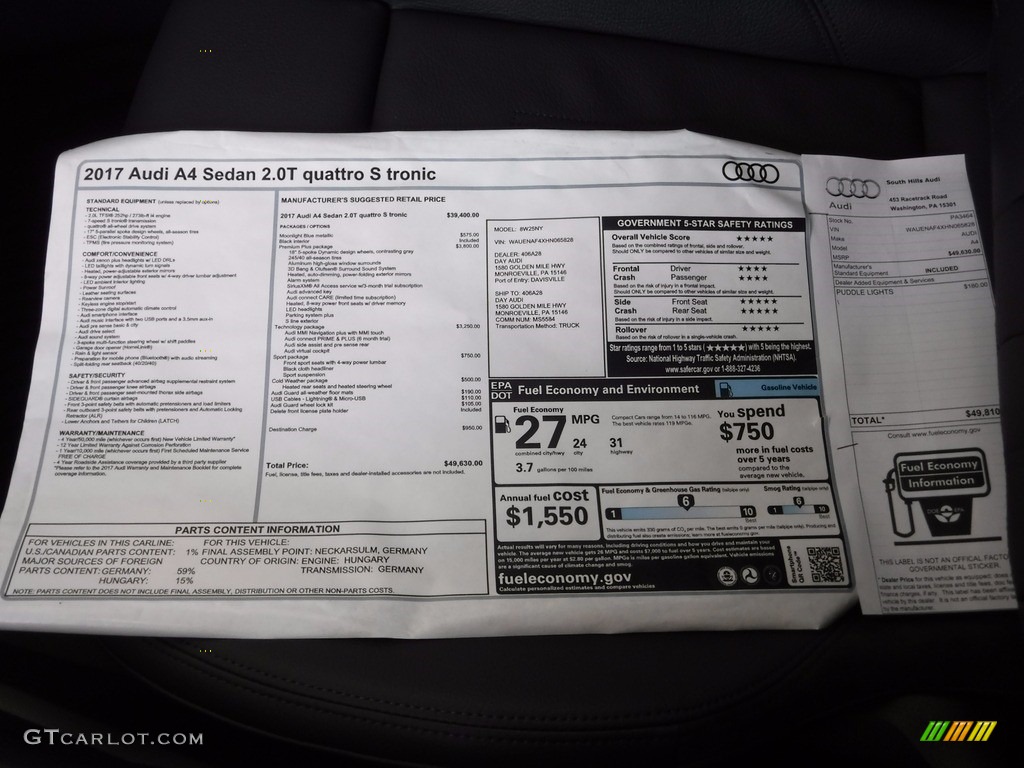 2017 A4 2.0T Premium Plus quattro - Moonlight Blue Metallic / Black photo #9