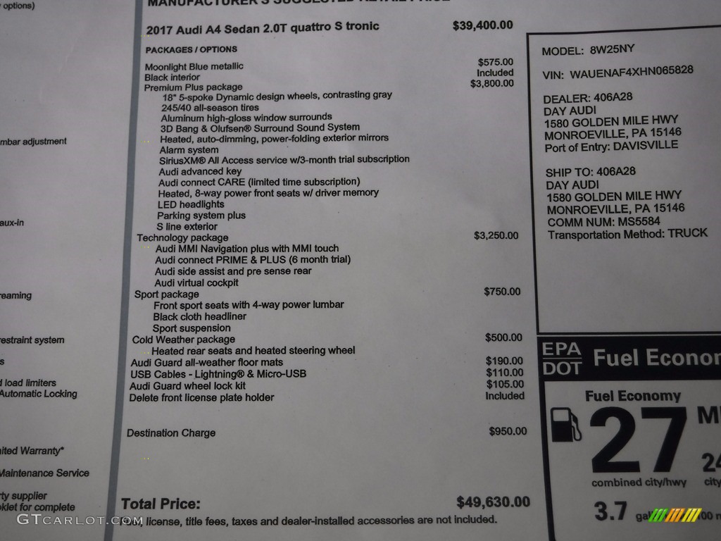 2017 A4 2.0T Premium Plus quattro - Moonlight Blue Metallic / Black photo #10