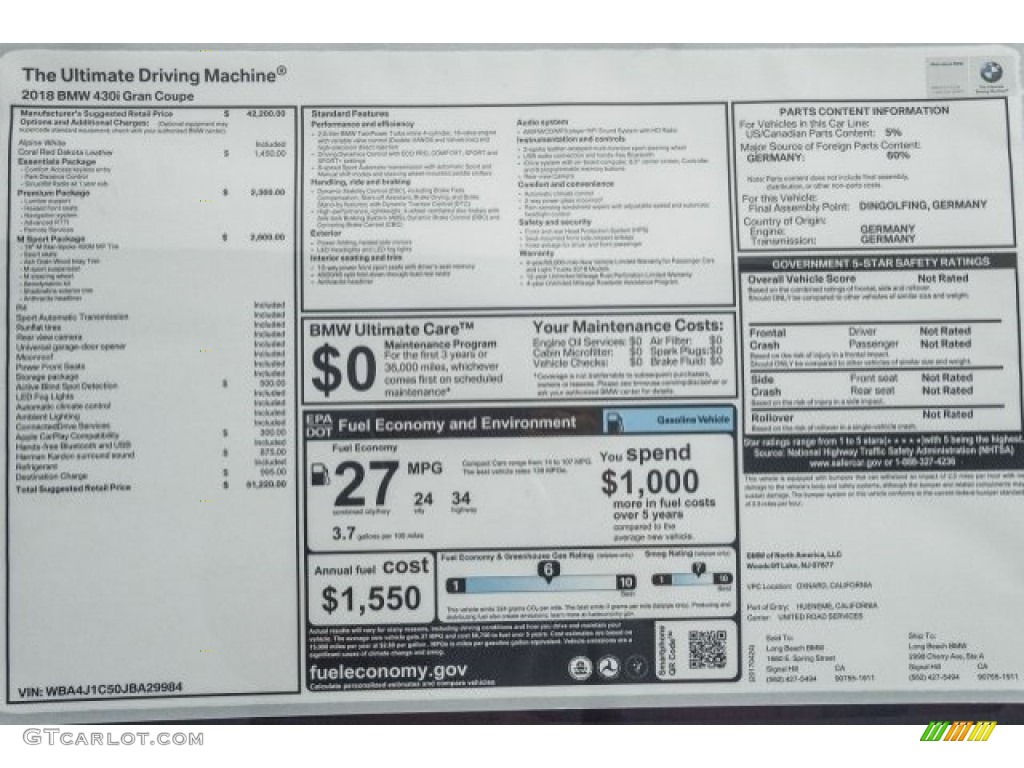2018 BMW 4 Series 430i Gran Coupe Window Sticker Photo #120181341