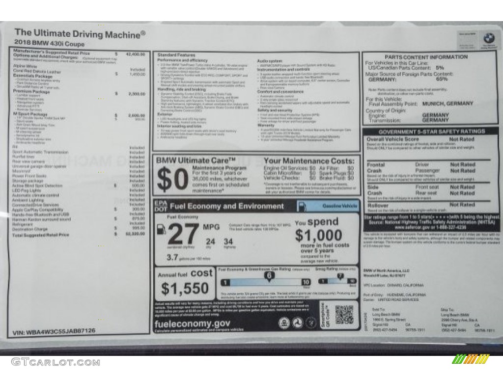 2018 BMW 4 Series 430i Coupe Window Sticker Photo #120181584